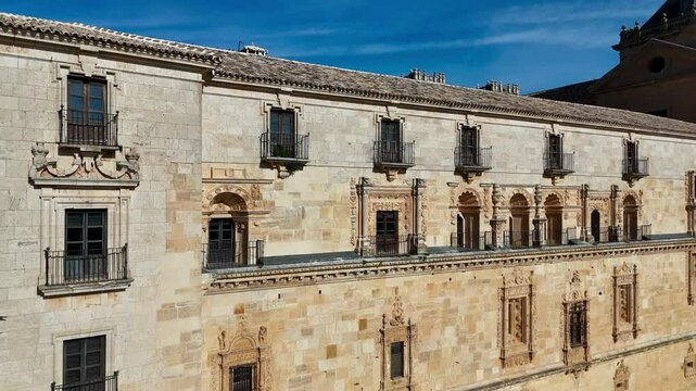 Drone view of the beautiful plateresque south fa&ccedil;ade of the Ucl&eacute;s monastery in the province of Cuenca, Castilla-La Mancha, Spain
