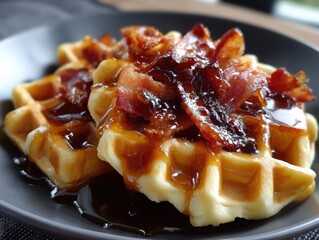 Plate of waffles with bacon and syrup on top