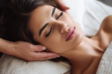 Beautiful Woman Relaxing During Head Massage at Spa &ndash; Calm Sleep and Wellness Concept