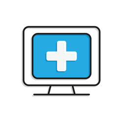 Fototapeta premium Medical icons. Telemedicine. Medical cross on computer screen. Prevention, health, diagnosis. Mixed design style