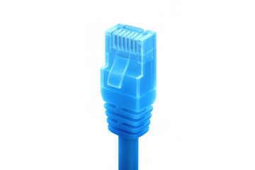 Close-up of a transparent blue network cable connector, emphasizing connectivity and data transfer with transparent background