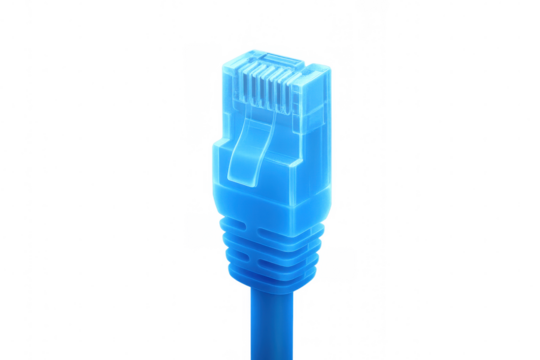 Close-up of a transparent blue network cable connector, emphasizing connectivity and data transfer with transparent background - Powered by Adobe