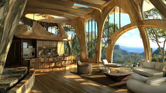 Luxurious treehouse with panoramic ocean views, featuring open-plan living and wooden architecture