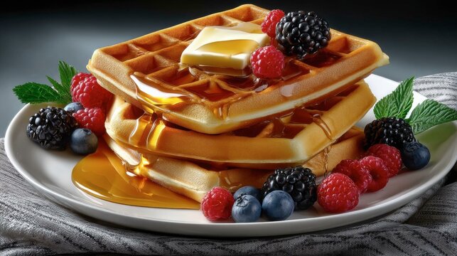 Crispy Belgian Waffles with Butter, Maple Syrup and Fresh Mixed Berries on White Plate