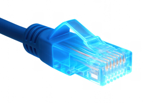 Close-up of a blue ethernet cable with a glowing connector, transmitting data on a transparent background - Powered by Adobe