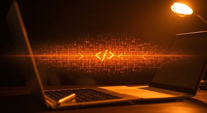 Glowing code environment with two laptops