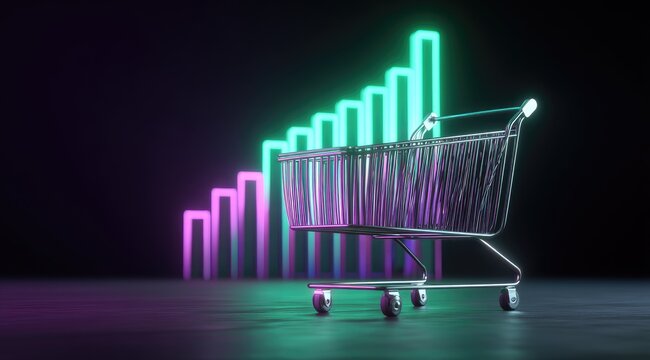 shopping cart with a glowing green and purple bar graph in the background