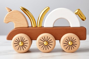 Abstract Wooden Toy Wagon with Unicorn and Gold Accents on Marble Background