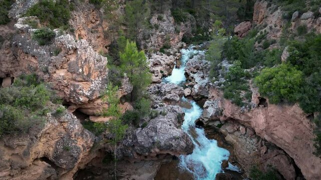 Aerial view of the Chorreras del R&iacute;o Cabriel in Cuenca, Castilla-La Mancha, Spain, declared a national monument