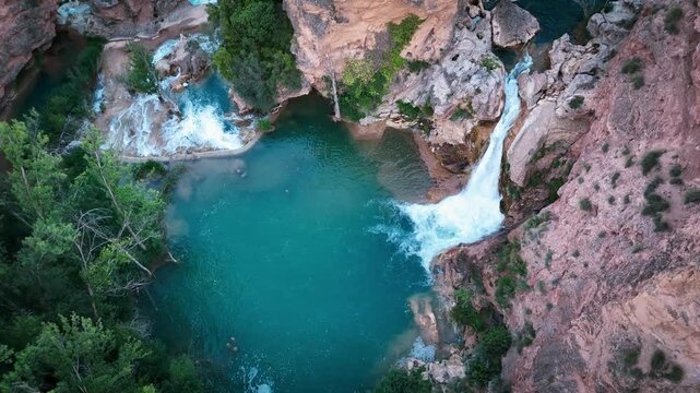 Aerial view of the Chorreras del R&iacute;o Cabriel in Cuenca, Castilla-La Mancha, Spain, declared a national monument