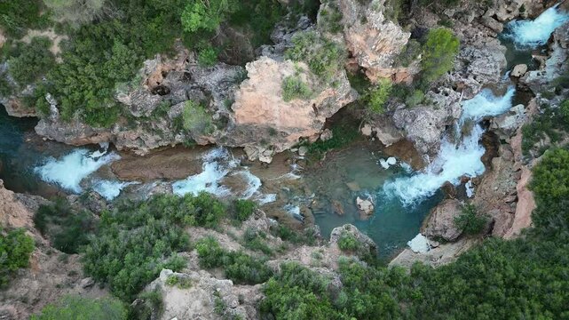 Aerial view of the Chorreras del R&iacute;o Cabriel in Cuenca, Castilla-La Mancha, Spain, declared a national monument