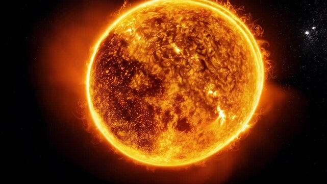 Golden sun with fiery surface and plasma flares in deep black outer space showing sunspots and coronal mass ejections, stars background