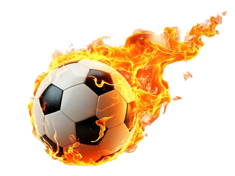 Fiery soccer ball in motion isolated on transparent background