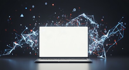 Glowing laptop display amidst data streams