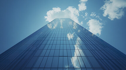 towering glass skyscraper reflects crisp blue sky and fluffy clouds above