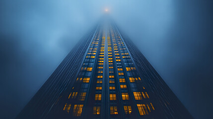 towering skyscraper emerges through fog, illuminated windows creating striking contrast