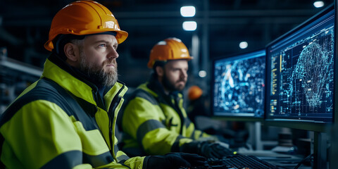 Fototapeta premium Energy sector workers analyzing hydrogen economy strategies industrial facility digital display environment