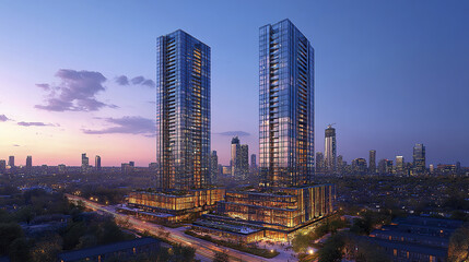 Naklejka premium Modern skyscrapers reflect evening sky, showcasing urban architecture and city life