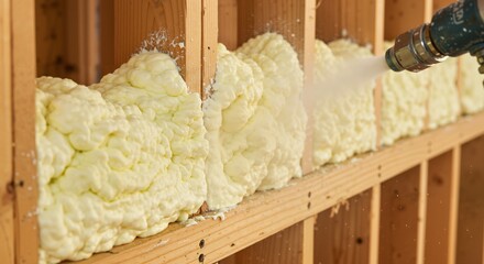 Close-up of spray foam insulation being applied into a wooden wall frame during construction. Expanding polyurethane foam for thermal and sound insulation in a new building project.