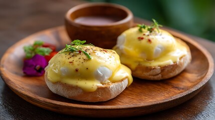 Eggs Benedict Served on a Wooden Plate with Hollandaise Sauce and Fresh Garnish