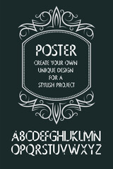 Elegant serif alphabet with outline stroke style and ornamental frame. Great for stylish posters, branding, and creative visual design.