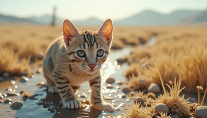 Obraz premium Cute Golden Kitten Playing in a Desert Stream
