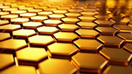 Shiny gold hexagons filling the frame, creating a metallic honeycomb structure, abstract design with reflective surfaces, minimal lighting. - Powered by Adobe