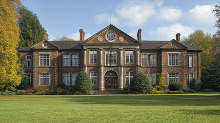 Fototapeta premium classic brick school building surrounded by lush greenery and trees, showcasing architectural