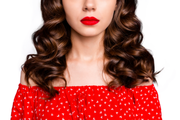 Cropped photo of beautiful lady show plump lips after operation wear red dress isolated purple background