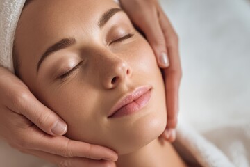 Naklejka premium Beautiful Woman Relaxing During Head Massage at Spa – Calm Sleep and Wellness Concept