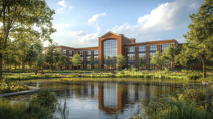 Fototapeta premium modern American school building surrounded by lush greenery and serene pond reflects nature