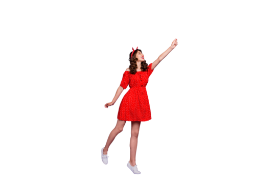Full body photo of pretty lady going to fly air wear off-shoulders dress isolated purple background