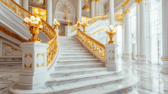 Grand marble staircase with ornate gold railings in a palatial interior