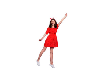 Full length photo of pretty lady going to fly air wear off-shoulders dress isolated purple background