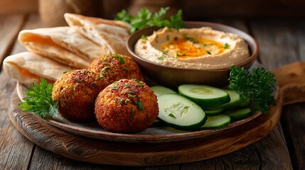 Traditional Middle Eastern Meal with Falafel, Hummus, Cucumber Slices, and Pita Bread