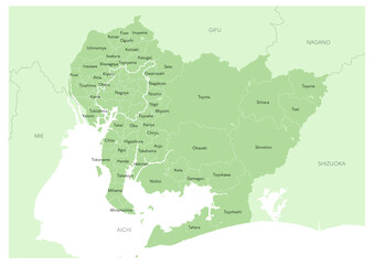 【英語】日本の都市、愛知県の都市名や行政区分付きの地図（市町村の地名や、行政区分の線付き）