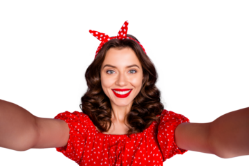 Photo of pretty lady making selfies wear red dress isolated purple background