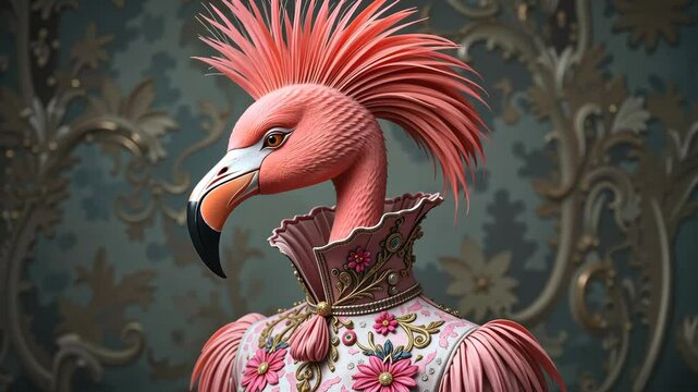 Pink anthropomorphic flamingo in Victorian gown with regal hairstyle against patterned backdrop. Concept of surreal aristocracy and fantasy