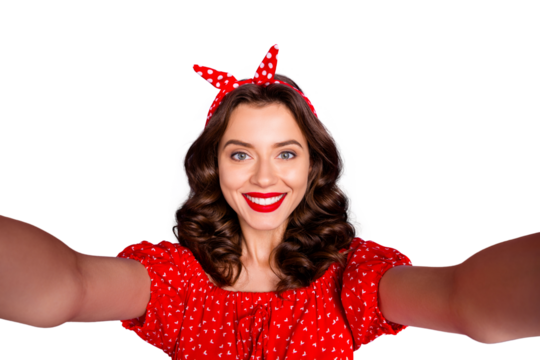 Photo of pretty lady making selfies wear red dress isolated purple background - Powered by Adobe