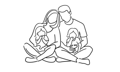 Continuous line happy family with 2 children on white background. Parents with two sons. Line art drawing. Vector illustration	