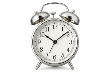 Silver vintage alarm clock showing digital time on clear surface, symbolizing punctuality and precise scheduling