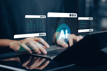 Artificial intelligence command prompt: Close-up of hands typing on a laptop, interacting with a glowing "AI" interface, code snippets, and a chatbot illustration. 