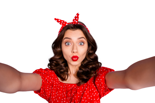 Closeup photo of pretty lady making selfies sending air kisses wear red dress isolated purple background