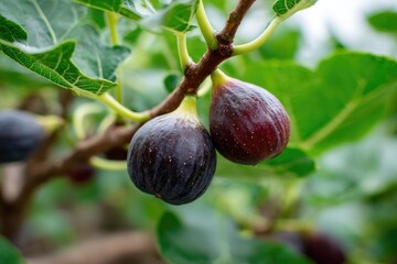 fig tree with green and purple figs hanging