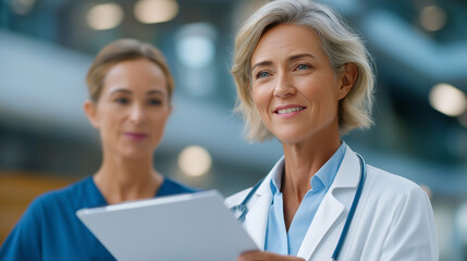 Fototapeta premium Doctor and Nurse Discussing Patient Case in Hospital Corridor