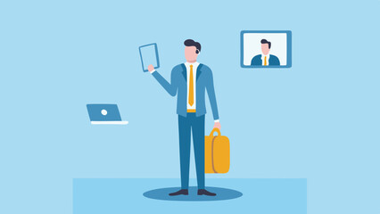 Remote Work Setup Business Professional Tablet Laptop Briefcase Teleconference Blue Illustration