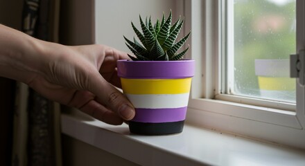 Hand placing a small succulent plant in a pot painted with non-binary pride flag colors on a windowsill. Indoor gardening and LGBTQIA+ identity representation.