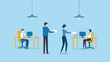 Office Workflow Vector Document Exchange Employees Collaboration Corporate Scene Desk Jobs Teamwork