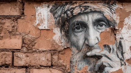 A wise old man s monochrome portrait emerges from a decaying brick wall whispering tales of time with textured weathered