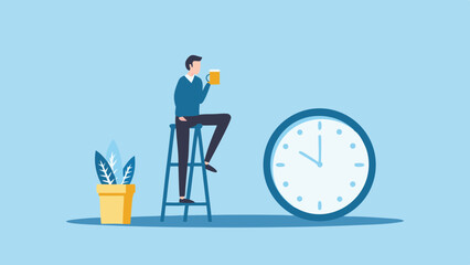 Obraz premium Man on Stool Relaxing Time Beer Break Home Office Clock Plant Work Lifestyle Design Relax Alone Flat